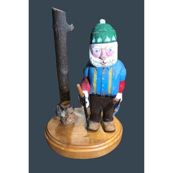 Wooden Carved Lumberjack Handcrafted Figure w Axe Folk Art Voght 1995 Primitive - Picture 1 of 10